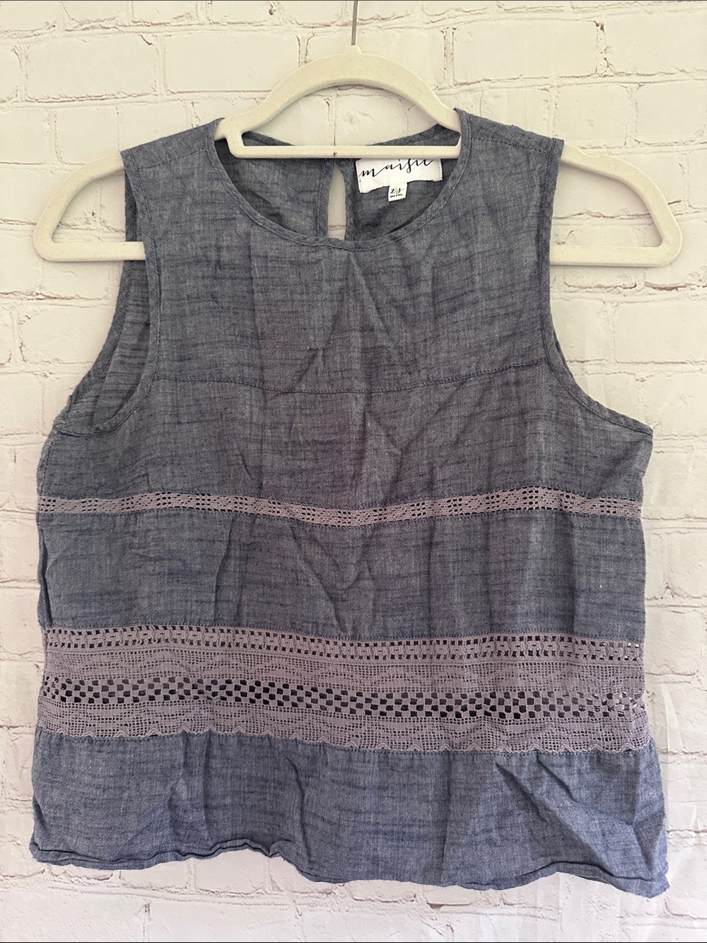 Maisie Cotton Blue Chambray Sleeveless Top with Crochet Trim size XS